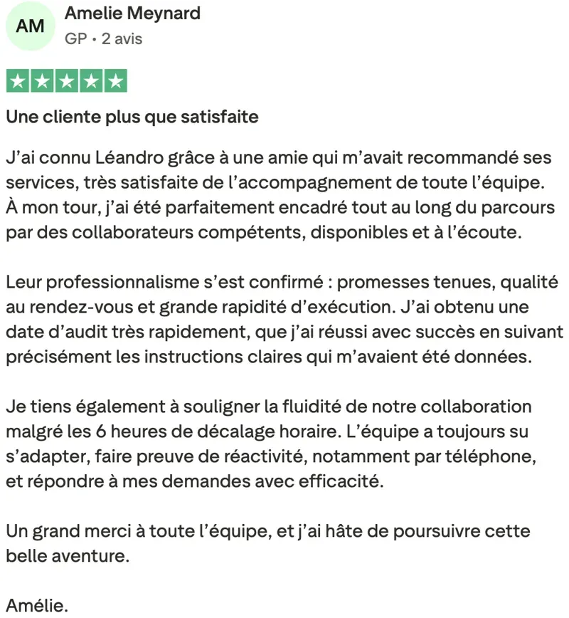 Avis Trustpilot vérifié — Amelie Meynard