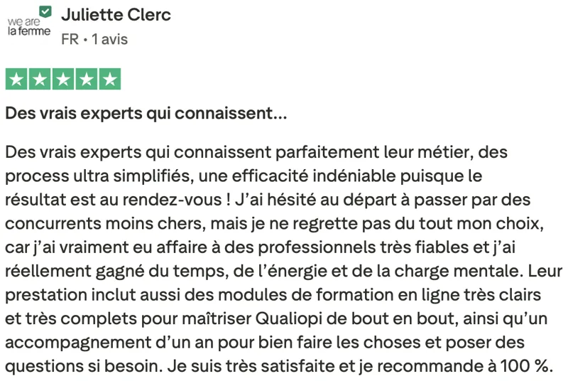 Avis client Qualiopi vérifié sur Trustpilot 6