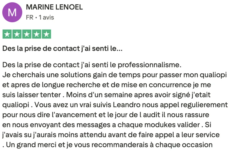 Avis client Qualiopi vérifié sur Trustpilot 4