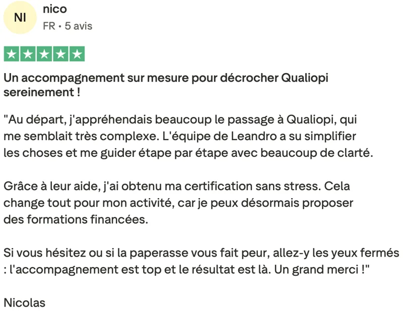 Avis client Qualiopi vérifié sur Trustpilot 7