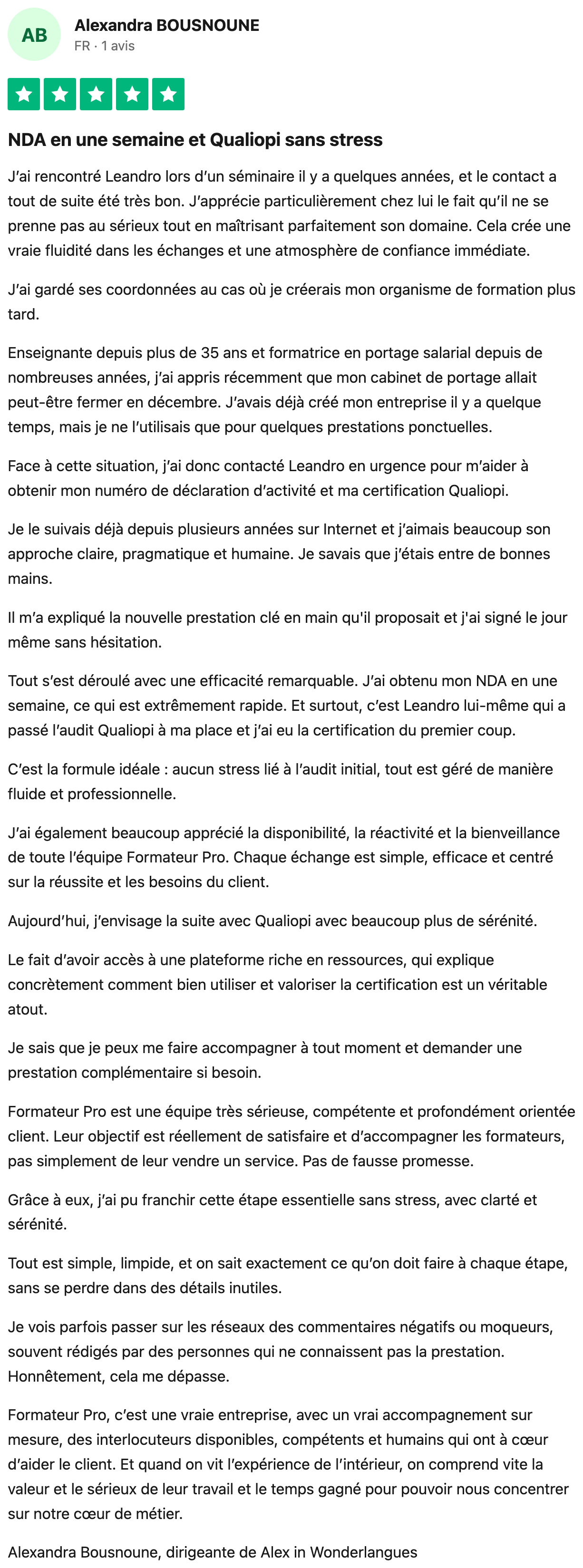 Avis Trustpilot vérifié — Alexandra Bousnoune, NDA en une semaine et Qualiopi sans stress