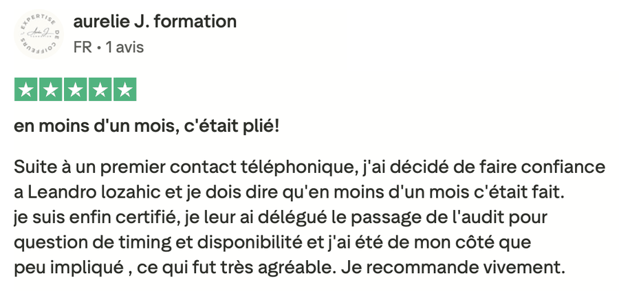 Avis Trustpilot vérifié — Aurélie, certifiée Qualiopi en moins d'un mois