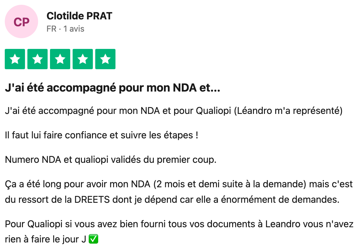Avis Trustpilot vérifié — Clotilde Prat, NDA et Qualiopi validés du premier coup