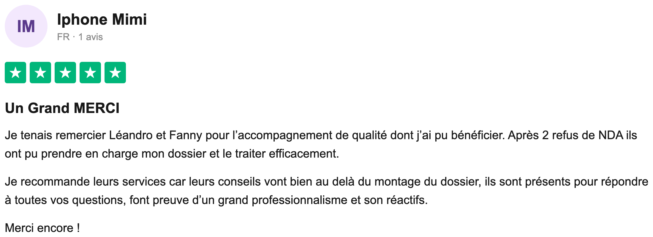 Avis Trustpilot vérifié — Iphone Mimi, 2 refus de NDA puis dossier traité
