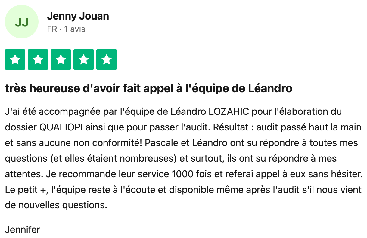 Avis Trustpilot vérifié — Jenny Jouan, heureuse d'avoir fait appel à l'équipe