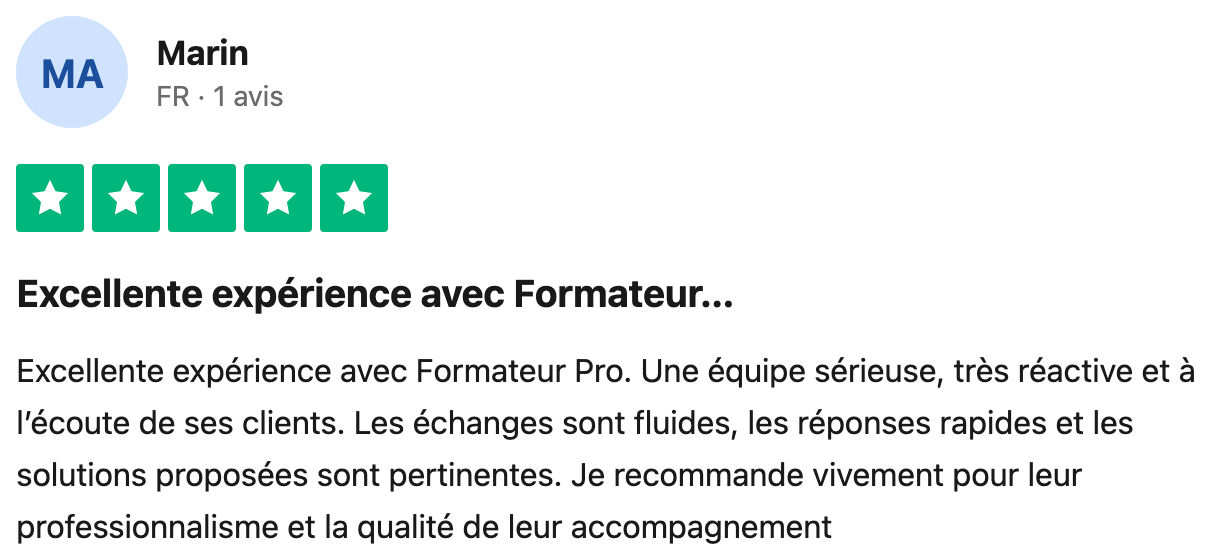 Avis Trustpilot vérifié — Marin, équipe sérieuse et réactive