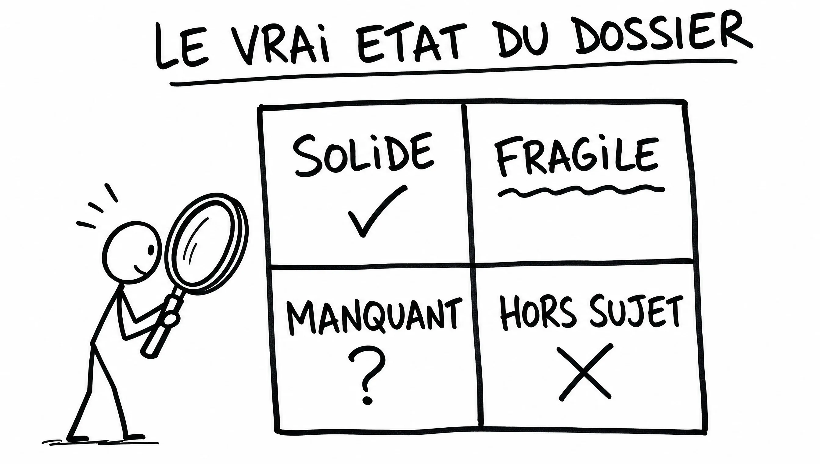 Schéma dessiné façon tableau blanc : l'état réel d'un dossier trié en quatre — solide, fragile, manquant, hors sujet.
