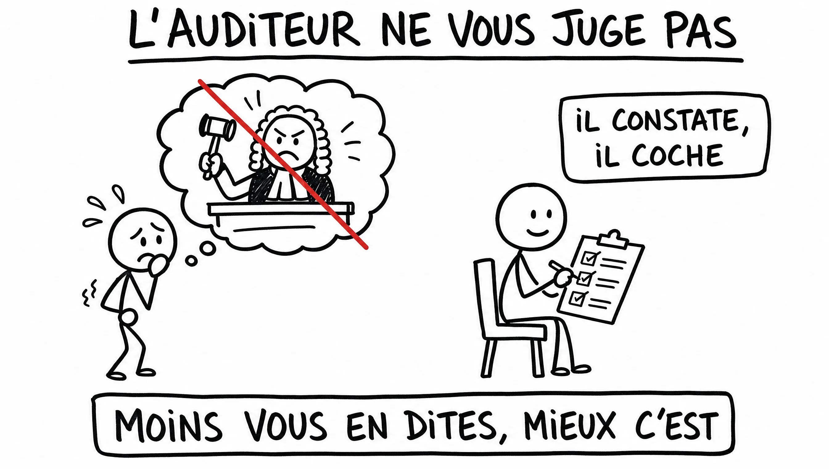 Schéma dessiné : l'auditeur ne vous juge pas, il constate et coche ; moins vous en dites, mieux c'est.