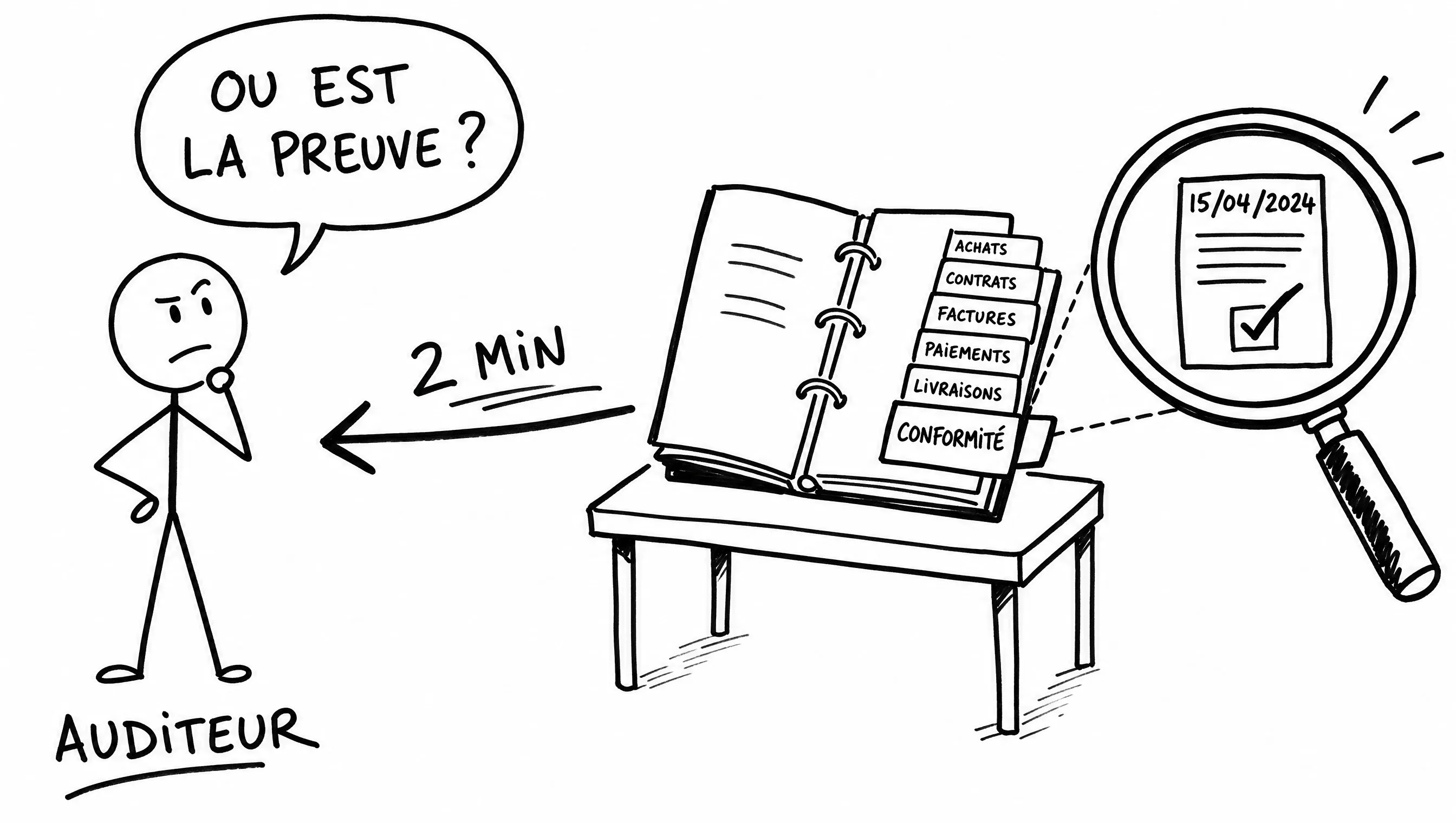 Schéma dessiné : le jour de l'audit, l'auditeur demande où est la preuve ; un dossier bien rangé permet de la retrouver rapidement.