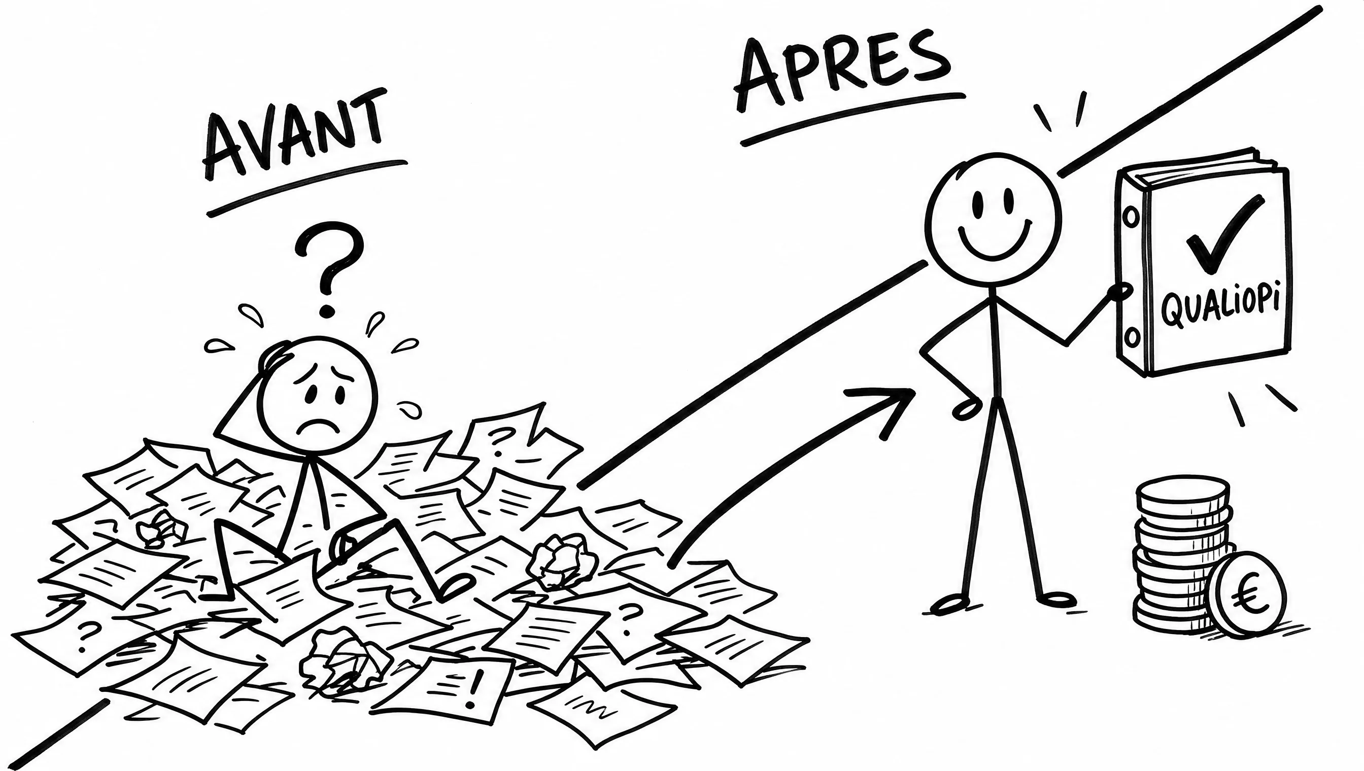 Avant : vos preuves sont éparpillées. On monte le dossier complet. Après : vous êtes Qualiopi, vos formations finançables OPCO et CPF.