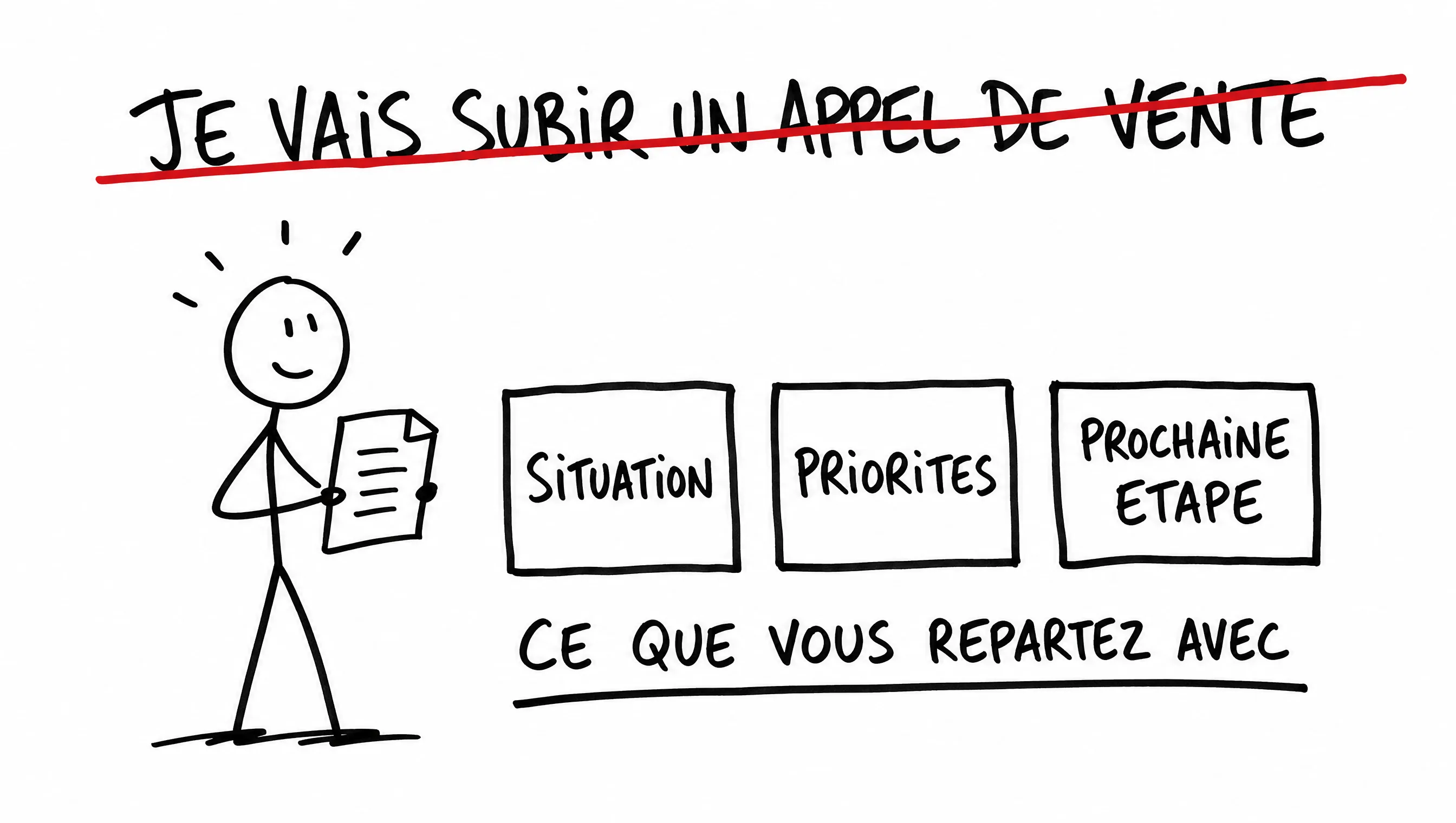 Schéma dessiné : un rendez-vous de cadrage de 30 minutes qui transforme un tas de questions floues en un plan clair avec la prochaine étape.