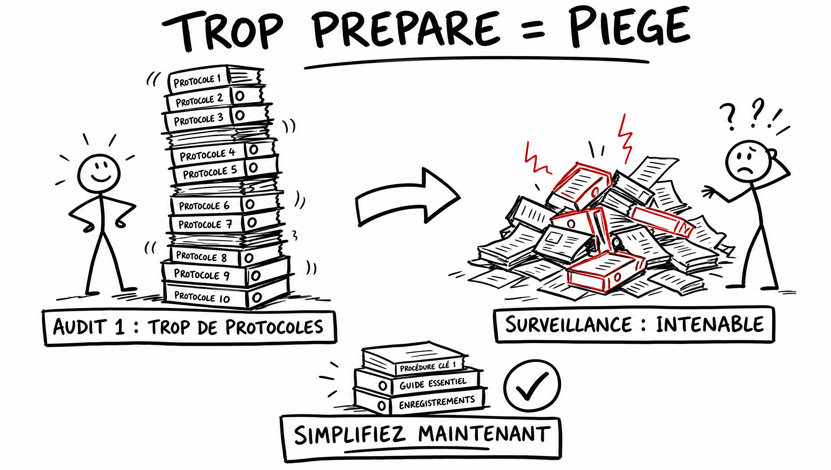 Schéma dessiné : trop de protocoles au premier audit rendent la surveillance intenable — simplifiez maintenant.