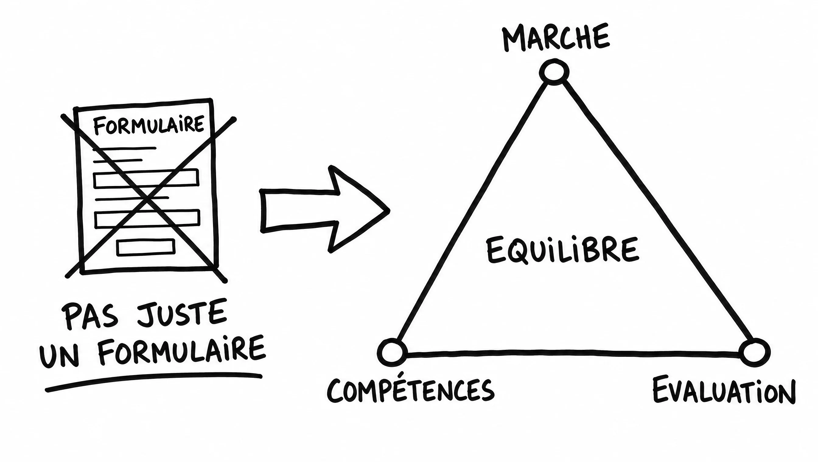 Schéma dessiné : un projet RS ou RNCP n'est pas un simple formulaire mais un équilibre entre marché, compétences et évaluation.