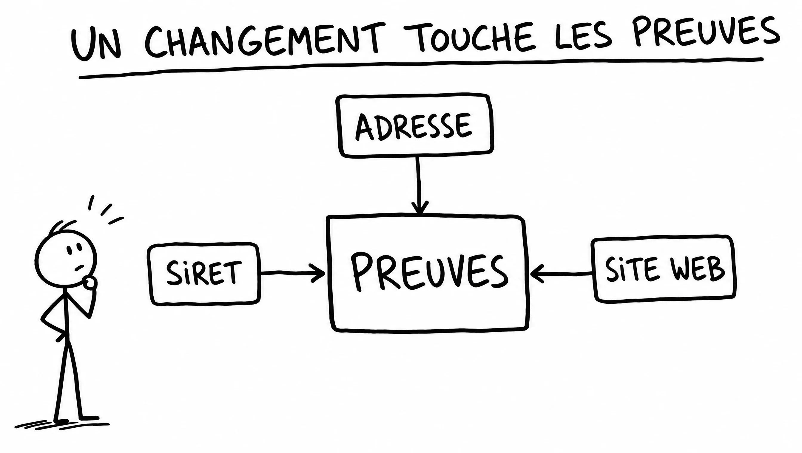 Schéma dessiné : un changement d'adresse, de SIRET ou de site web vient toucher vos preuves Qualiopi.