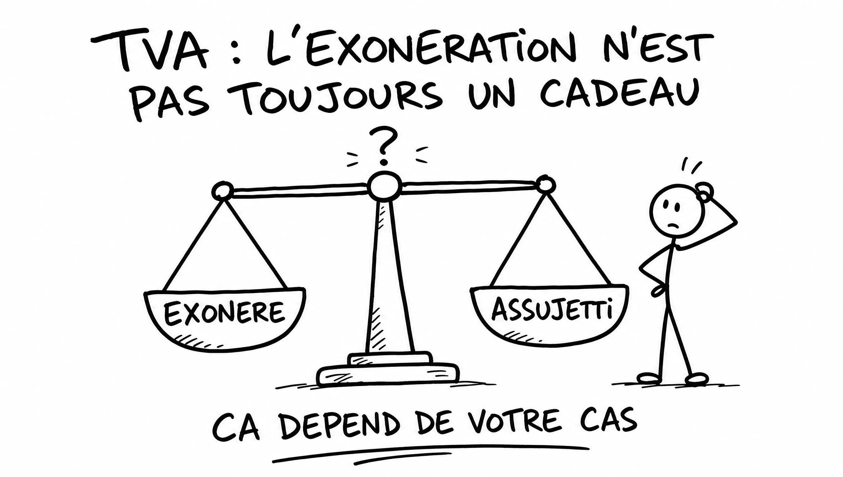 Schéma dessiné : une balance entre exonération de TVA et assujettissement — l'exonération n'est pas toujours la meilleure décision.