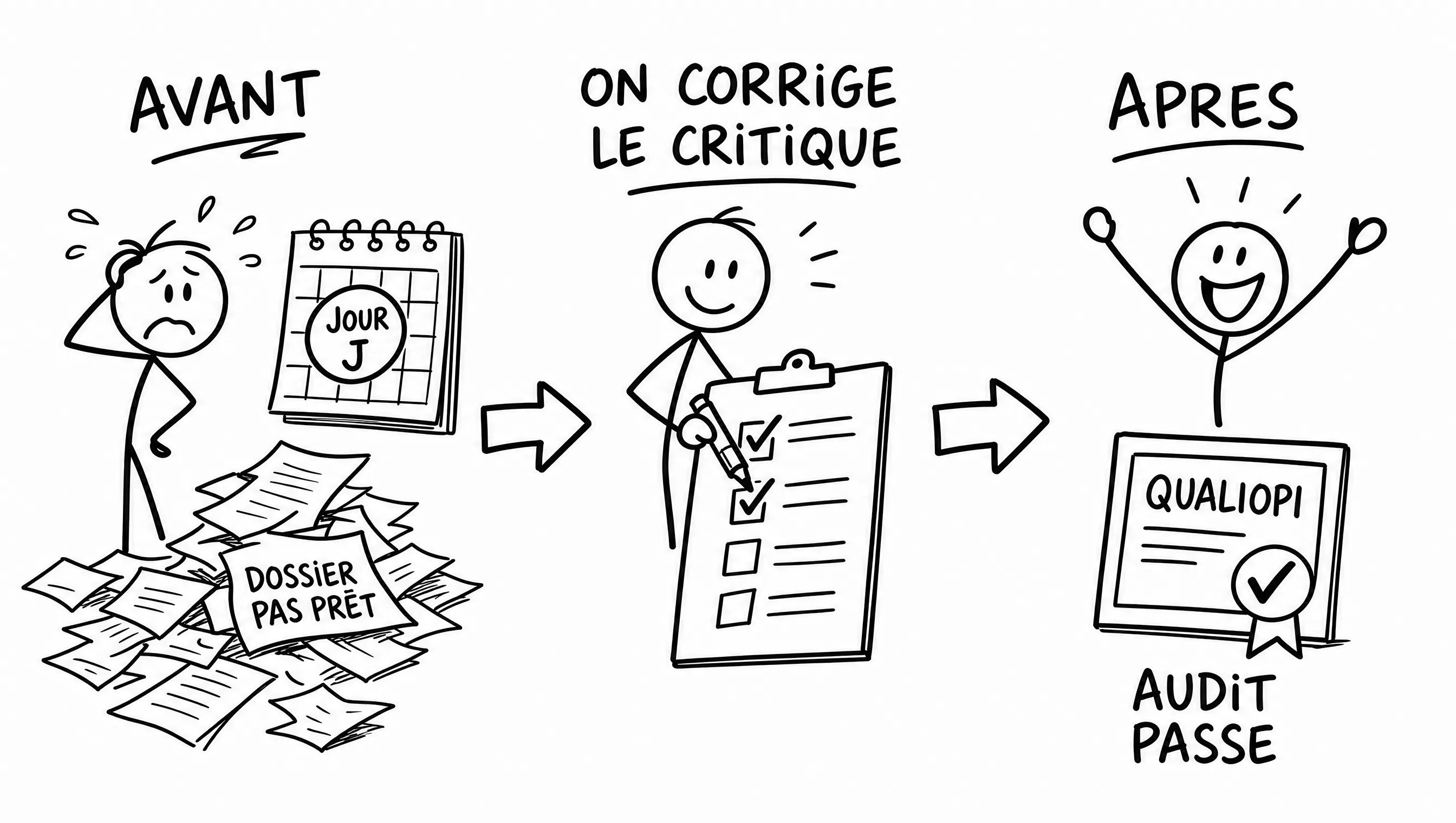 Avant : l'audit Qualiopi est dans quelques jours et le dossier n'est pas prêt. On identifie et on corrige les non-conformités critiques en priorité. Après : vous passez l'audit avant le jour J et vous gardez Qualiopi.